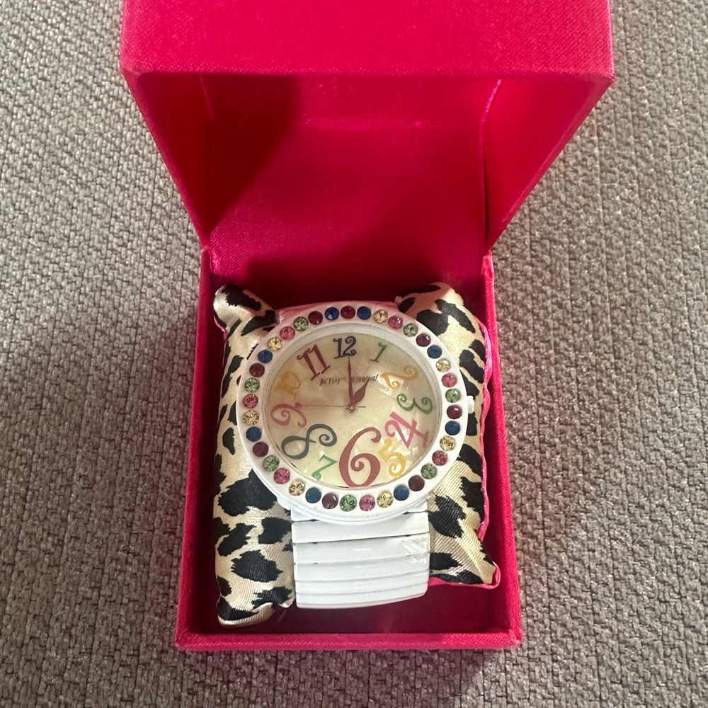 Betsey Johnson White Watch with Multicolor Crystal Bezel